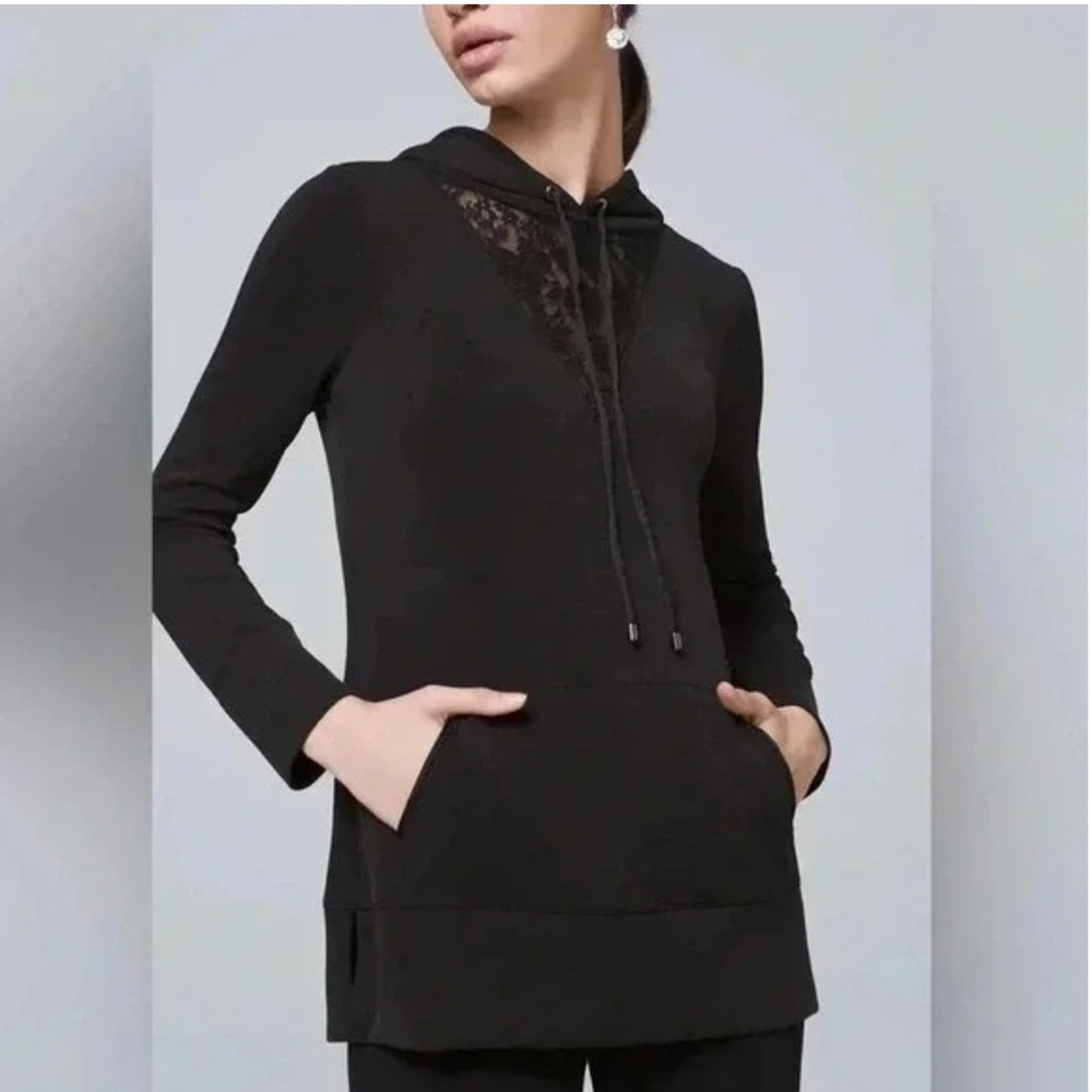 White House Black Market WHBM WKND black tunic sweatshirt with hood and lace